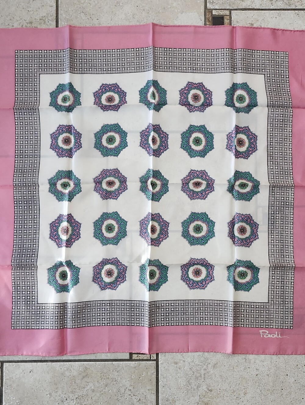 Vtg Paoli Pink Border Floral Medallion Square Scarf
